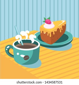 Cup of hot coffee with sweets
