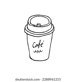 A cup of hot coffee for take away, outline drawing vector on white background