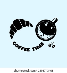 Cup of hot coffee and tasty fresh croissant icon vector illustration isolated on light background. Coffee time. Top view