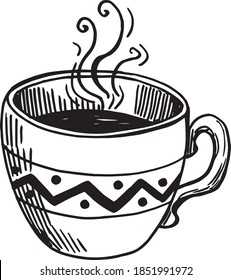 A cup with hot coffee or tea drawing - black and white image. Isolated element. Hand drawn sketch. Vector illustration.