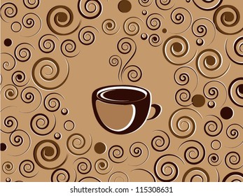 Cup of hot coffee or tea drink with ornament and floral elements