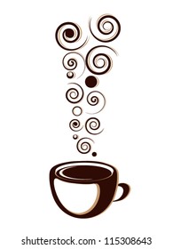 Cup of hot coffee or tea drink with ornament and floral elements