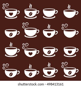 cup of hot coffee or tea drink with white vector icon on brown background