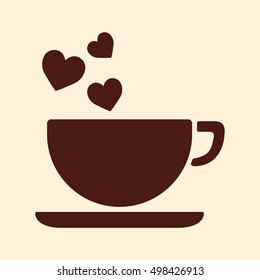 cup of hot coffee or tea drink with white vector icon on brown background