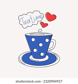 Cup with hot coffee, tea.  Hearts, Valentine's Day. Drinks, utensils.  Doodle style, inscription, calligraphy, Tea Time. Icon, logo, sign. Vector graphic.