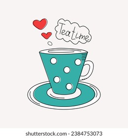 Cup with hot coffee, tea.  Hearts, Valentine's Day. Drinks, utensils.  Doodle style, inscription, calligraphy, Tea Time. Icon, logo, sign. Vector graphic.