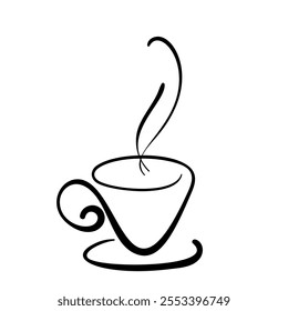 Cup of hot coffee or tea on saucer, Stylized minimalist line sketch of hot beverage with steam