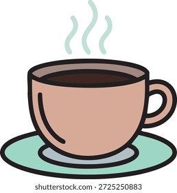 Cup of hot coffee or tea on a saucer with steam. Morning beverage vector illustration in flat style.