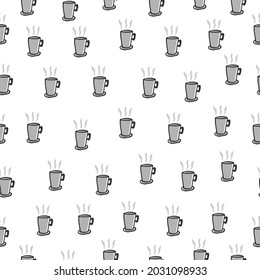 cup of hot coffee and tea with steam illustration on white background. morning drink. seamless pattern, hand drawn vector. doodle art for wallpaper, wrapping paper and gift, backdrop, fabric, textile.