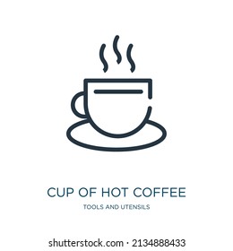 icono de la línea delgada de taza de café caliente. mocha, iconos cappuccino lineales de herramientas y utensilios concepto de símbolo de contorno aislado. Elemento de símbolo de ilustración vectorial para diseño web y aplicaciones.