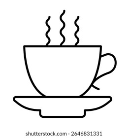 Cup of hot coffee thin line icon, tropical voyage concept. Vector graphics. Coffee drink cup with ceramic saucer sign on white background, style mobile or design
