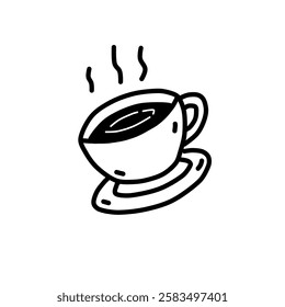 A cup of hot coffee with vector line art. Minimalist simple outline, bakery icon. Hand drawn food illustration