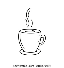 Cup with hot drink black doodle illustration isolated on white background. Mug with saucer isolated hand drawn vector. Coffee tea or cocoa for breakfast