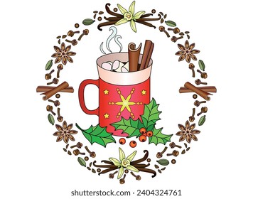A cup of hot drink with cinnamon and marshmallows decorated with holly in a spice frame - vector color illustration. Mug with cocoa or coffee with spices and holly leaves and berries