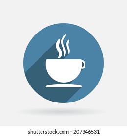 Cup of hot drink. Circle blue icon with shadow.