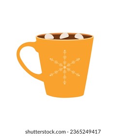 Cup with Hot drink. Coffee with marshmallows in a yellow cup. Vector illustration