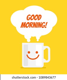 Cup of hot drink coffee tea and steam. Good morning monday text place tittle concept. Vector flat cartoon isolated graphic design illustration