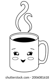 A cup. Cup with a hot drink - coffee or tea and rising trickles of steam - vector linear illustration for coloring. Outline. A mug with a cute kawaii face on it - an element for coloring