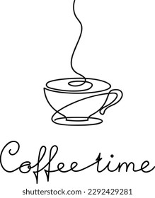 Copa con bebida caliente (café o té) - ilustración vectorial (boceto), silueta de una línea sin fondo (clipart). La emoción del amor por una bebida deliciosa, la sensación de disfrutar del aroma
