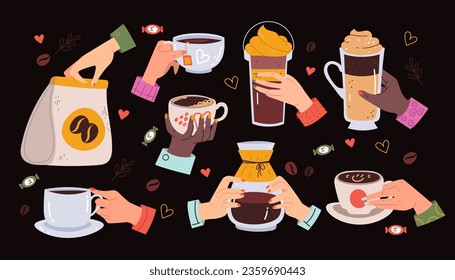 Cup hot drink coffee tea in hand arms isolated set. Vector flat graphic design illustration 