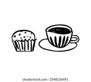 Taza con bebida caliente y cupcake dibujado a mano en estilo doodle. Comida, cocina, menú. Ilustración vectorial para el diseño.