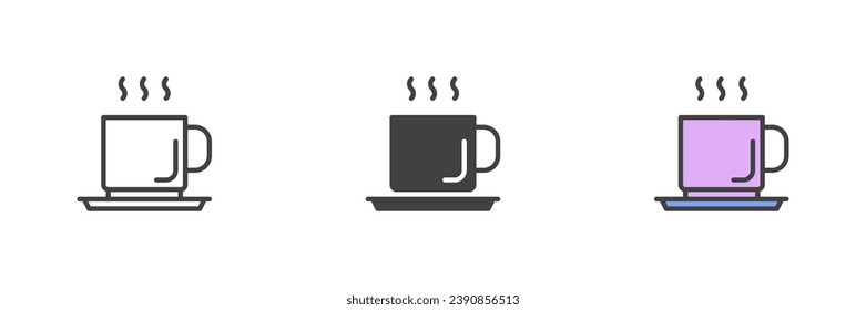Taza de bebida caliente conjunto de iconos de estilo diferente. Línea, glifo y contorno relleno versión colorida, contorno y signo vectorial relleno. Símbolo del café, ilustración del logo. Gráficos vectoriales