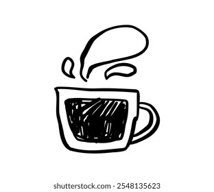 Taza con bebida caliente dibujada a mano en estilo doodle. Comida, cocina, menú. Ilustración vectorial para el diseño.