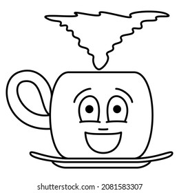 A cup with a hot drink with a face with emotion. A mug on a saucer for coffee, tea, milk, chocolate. Vector icon, outline, isolated.  Editable stroke.