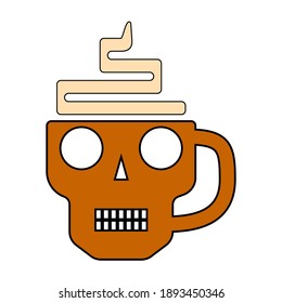 Cup of hot drink in the form of a skull, brown on a white background, vector illustration