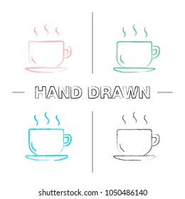 Cup with hot drink hand drawn icons set. Coffee, tea, cocoa. Cafe color brush stroke. Isolated vector sketchy illustrations