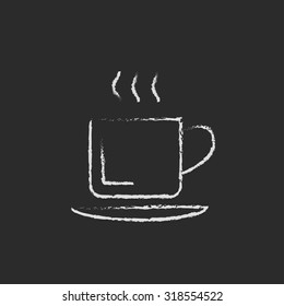 Cup of hot drink hand drawn in chalk on a blackboard vector white icon isolated on a black background.