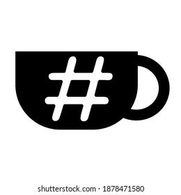 Cup with hot drink and hashtag, black on white background, sign for design, vector illustration