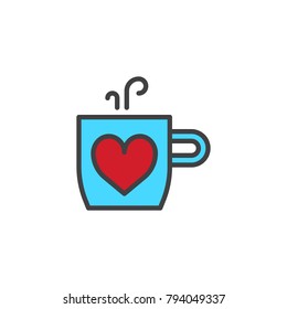 Cup of hot drink with heart filled outline icon, line vector sign, linear colorful pictogram isolated on white. Love and valentine's day symbol, logo illustration. Pixel perfect vector graphics