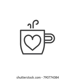 Cup of hot drink and heart line icon, outline vector sign, linear style pictogram isolated on white. Love and valentine's day symbol, logo illustration. Editable stroke