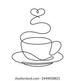 a cup of hot drink and heart shape hot steam thin line illustration continuous drawing minimalism