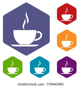 Cup of hot drink icons set rhombus in different colors isolated on white background