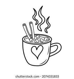 Cup of hot drink with marshmallows and cinnamon in doodle style. Cozy mug with heart and steam.
