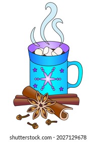 Cup of hot drink, marshmallows, star anise, cloves and cinnamon vector full color illustration. Mug with hot chocolate, snowflakes and stars. Coffee with steam spices and marshmallows