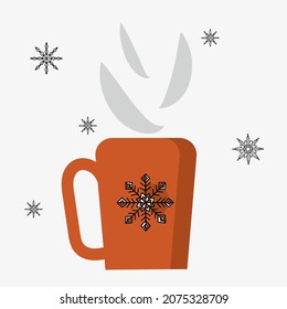 Cup of hot drink on frosty winter day. Hot tea, coffee, chocolate warms and invigorates, creates Christmas mood. Vector illustration for design of holiday banner, postcard.