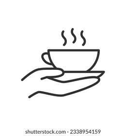 Cup with hot drink on the palm of the hand, linear icon. Line with editable stroke