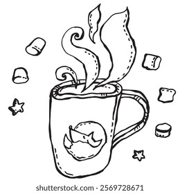 A cup with a hot drink, on which a little fox is drawn curled up, and marshmallows and stars fly around the cup and steam flows