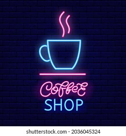 Cup Of Hot Drink Outline Neon Icon. Coffee Mug. Coffee Shop Brush Lettering. Outer Glowing Effect Banner. Club Or Bar Concept On Brick Wall Background. Editable Stroke. Isolated Vector Illustration