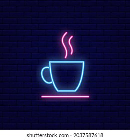 Cup of hot drink outline neon icon. Coffee mug. Outer glowing effect banner. Club or bar concept on brick wall background. Editable stroke. Isolated vector stock illustration