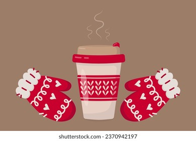 Cup with a hot drink and red mittens. Design for banner, postcard.