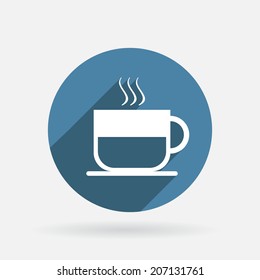 Cup of hot drink sign. Circle blue icon with shadow.