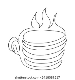 Cup of hot drink in single line. Hand drawn style. Vector illustration isolated on white. Coloring page.