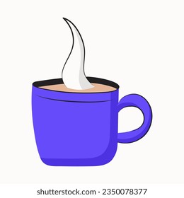 Cup with hot drink with steam. Dishes with coffee. Purple mug with handle. Isolated item. Flat design with outline. Vector illustration.