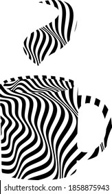 taza con bebida caliente y objetos de vapor en estilo op art sobre fondo blanco