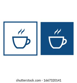Cup of hot drink. The symbol is located in a square frame. Vector blue icons.