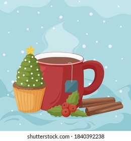 Cup of hot drink with tasty cupcake, holly berry and cinnamon sticks. Winter holidays concept. Vector illustration. 